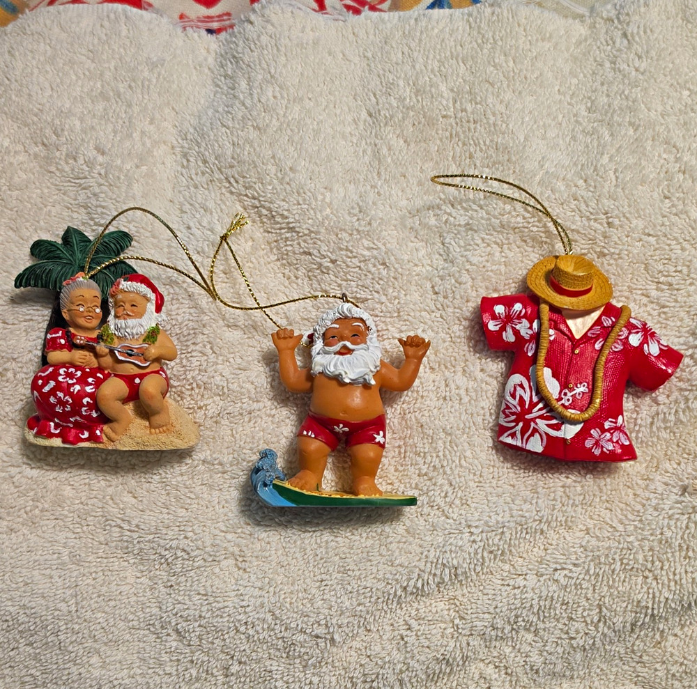 Hawaii Christmas Ornament Set of 3 Santa & Mrs. Claus Surfing Palm Tree